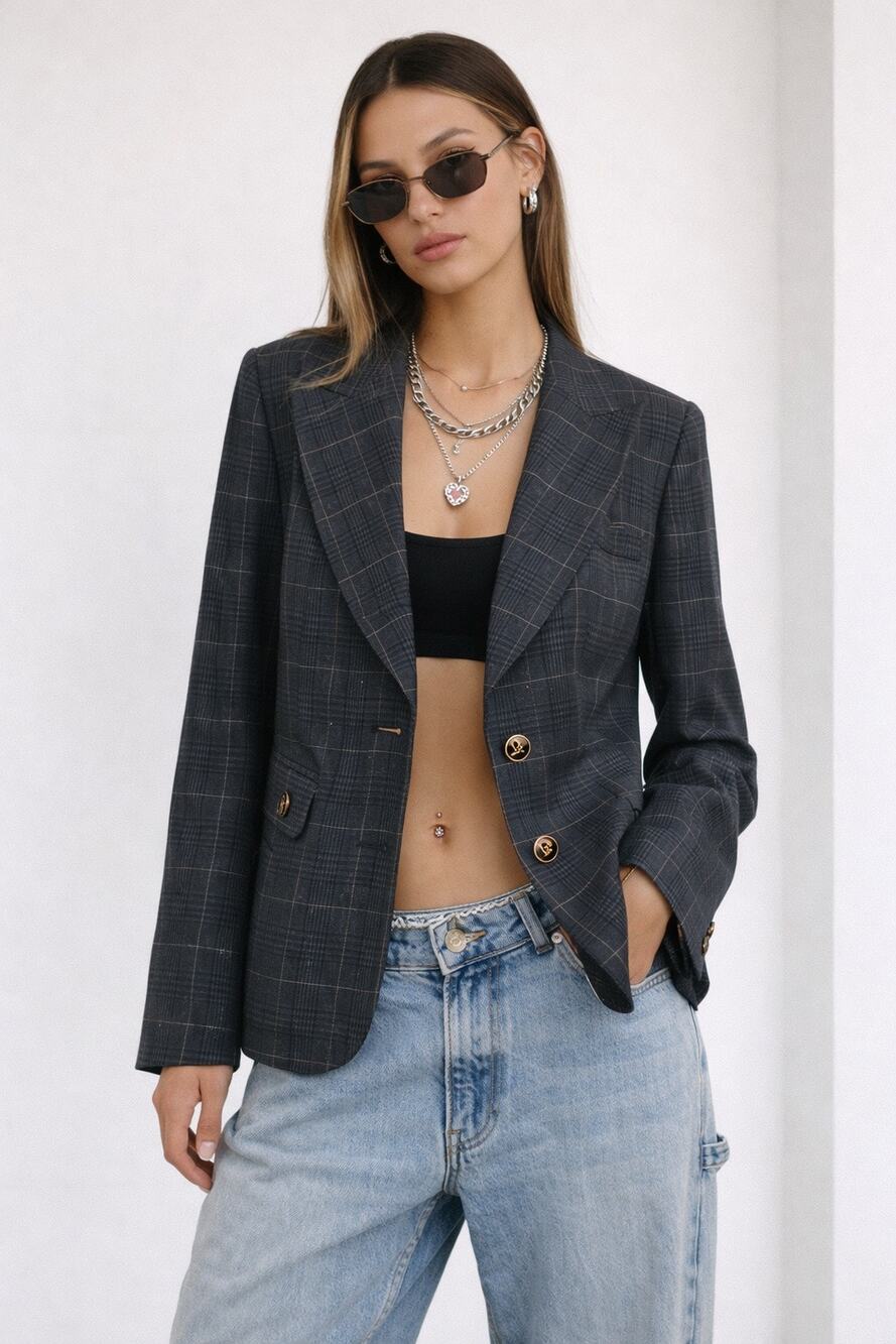 Dolce & Gabbana Designer Charcoal Gray Plaid Blazer Jacket Leopard 38 Size 2